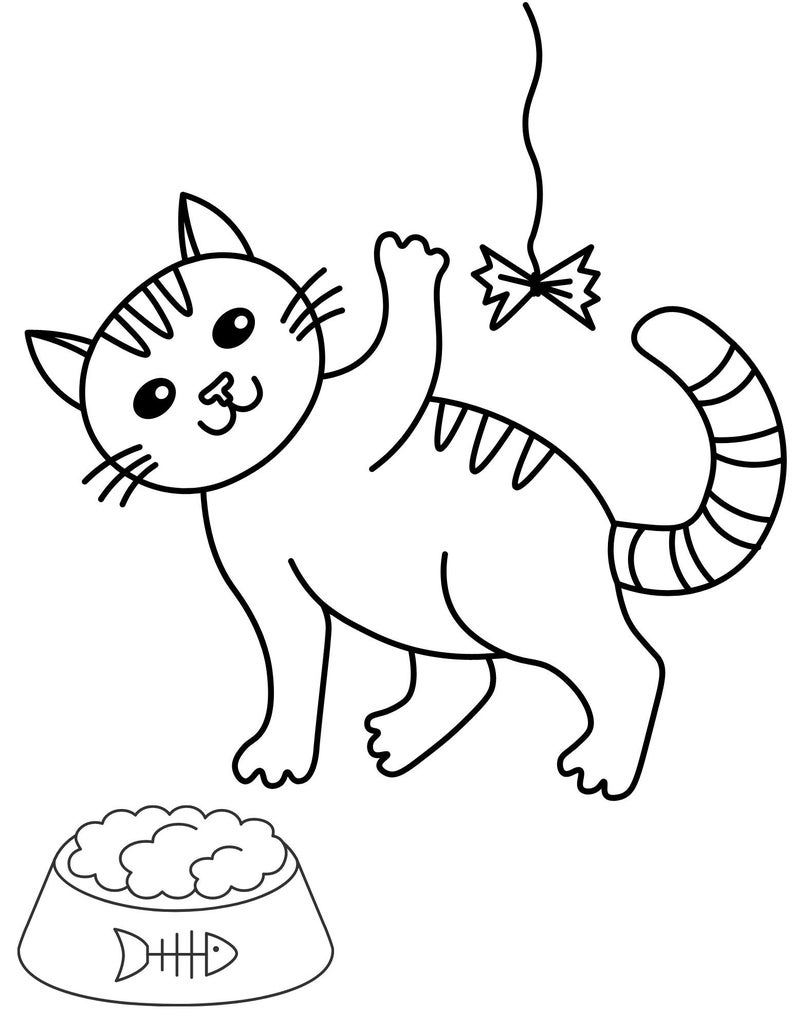 May include: A black and white line drawing of a playful cat reaching for a dangling bow. The cat has stripes and whiskers, and a bowl of food with a fishbone design sits below.
