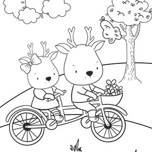 May include: A black and white line drawing of two deer riding a bicycle together. The deer are wearing clothes and the bicycle has a basket with flowers. The background includes a sun, clouds, and a tree.