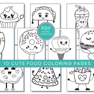Cute Food Coloring Pages, Kawaii Food Printable, Funny Pizza Coloring Page, Funny Food Coloring Page, Cute Burger Coloring Page