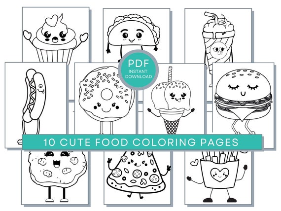 Cute Food Coloring Pages, Kawaii Food Printable, Funny Pizza Coloring Page, Funny Food Coloring Page, Cute Burger Coloring Page