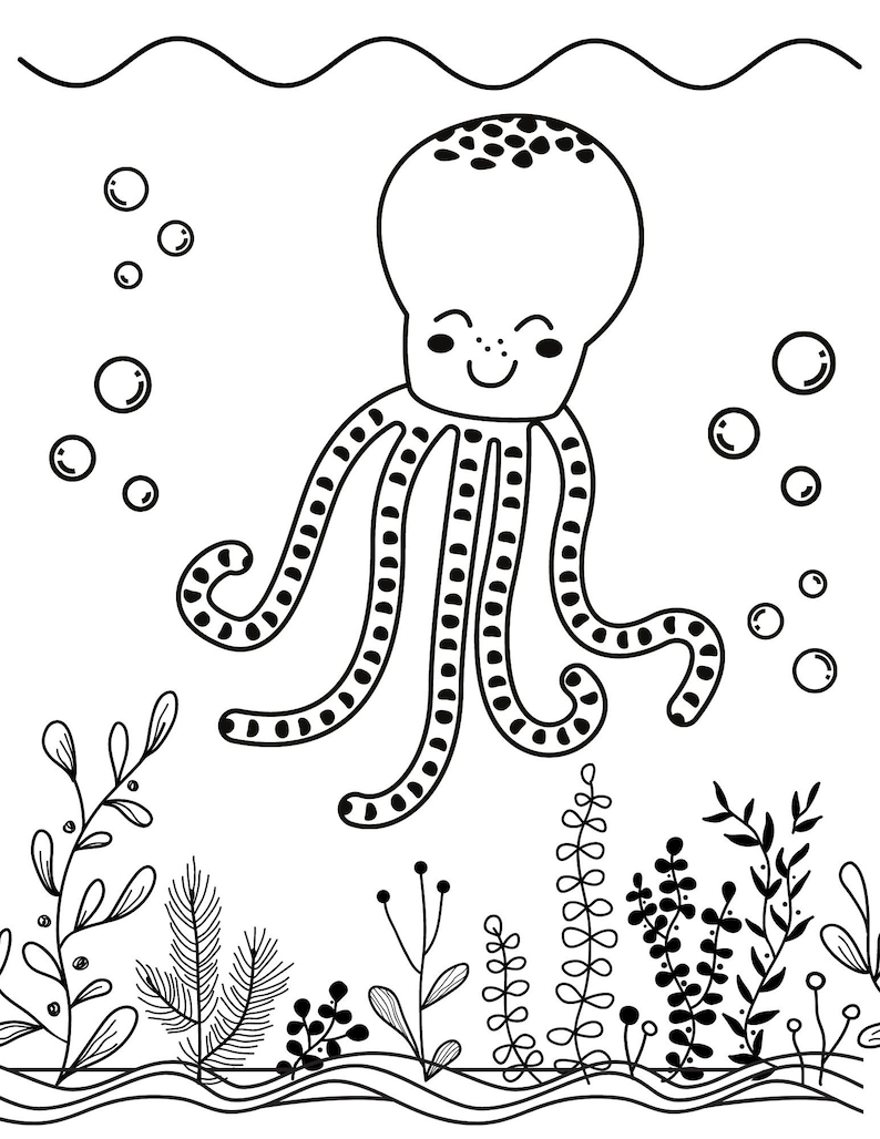 May include: A black and white illustration of an octopus with a smiling face swimming in the ocean. The octopus has eight tentacles with black dots. There are bubbles around the octopus and seaweed at the bottom of the image.