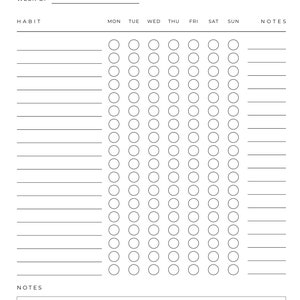 K&ouml;nnte beinhalten: Ein schwarz-wei&szlig;es Habit-Tracker-Druckvorlage mit den Worten "Habit Tracker" oben. Die Vorlage hat eine Spalte f&uuml;r die Woche von, Gewohnheit und jeden Tag der Woche. Es gibt 20 Zeilen f&uuml;r Gewohnheiten und einen Notizbereich unten.