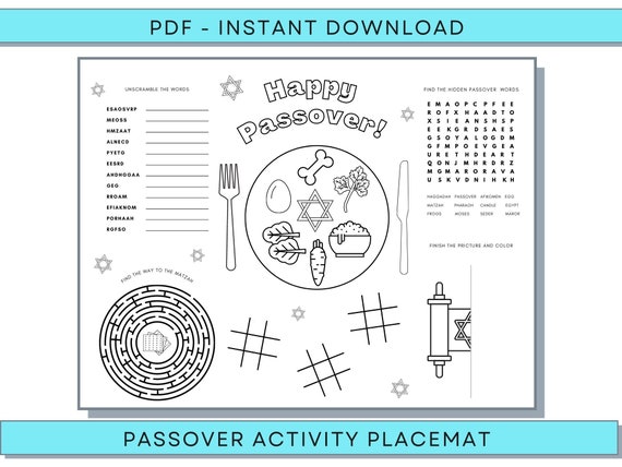 Passover Placemat, Passover Activity Placemat, Passover Coloring Placemat, Passover Coloring Pages, Passover Digital Placemat Pesah Placemat