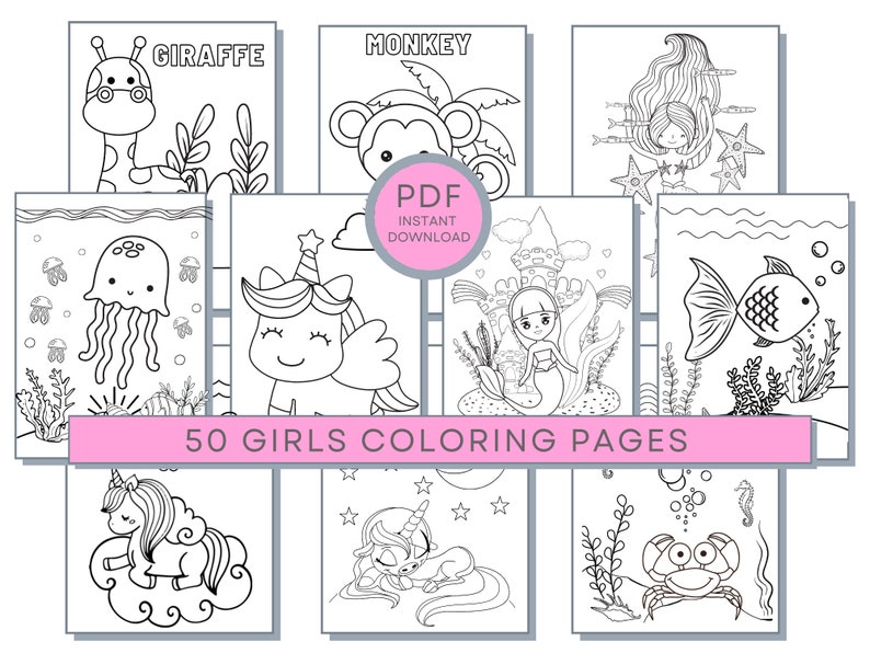 May include: A set of 50 black and white coloring pages featuring various animals and characters, including a giraffe, monkey, mermaid, unicorn, jellyfish, fish, and crab. The pages are designed for girls and are perfect for creative expression and entertainment.