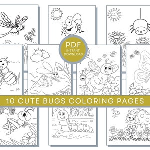 May include: Ten black and white coloring pages featuring cute bugs, including a dragonfly, spider, ant, mosquito, bee, butterfly, grasshopper, caterpillar, and ladybug.  PDF Instant Download.