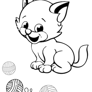 May include: A black and white cartoon illustration of a smiling kitten with large eyes, sitting upright. Three balls of yarn are positioned near the kitten, one connected by a strand of yarn.