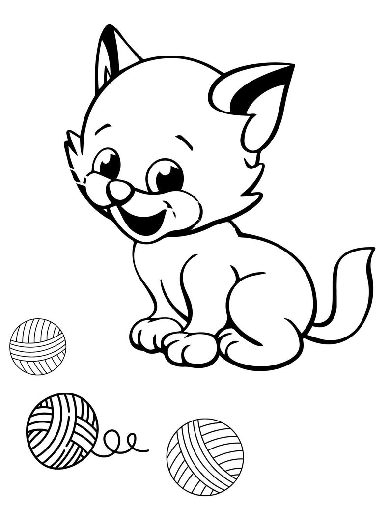 May include: A black and white cartoon illustration of a smiling kitten with large eyes, sitting upright. Three balls of yarn are positioned near the kitten, one connected by a strand of yarn.