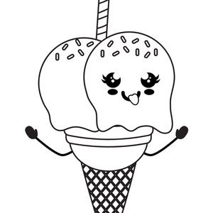May include: A black and white line drawing of a cartoon ice cream cone with a smiling face, two scoops of ice cream, sprinkles, and a straw.