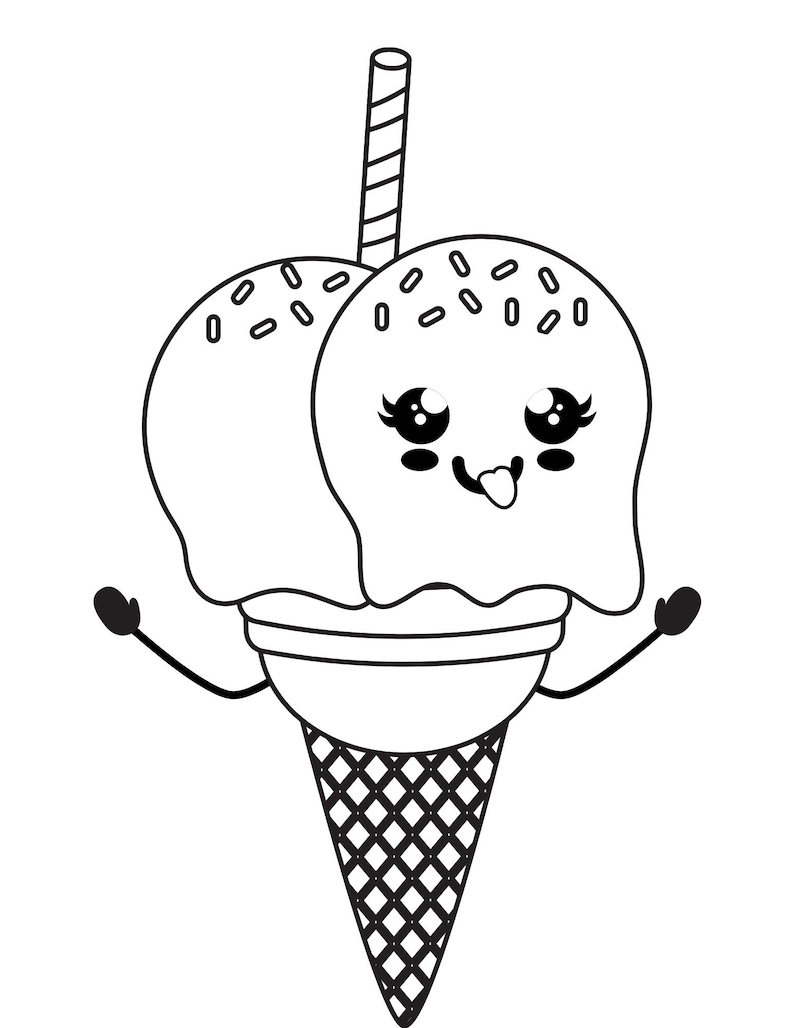May include: A black and white line drawing of a cartoon ice cream cone with a smiling face, two scoops of ice cream, sprinkles, and a straw.