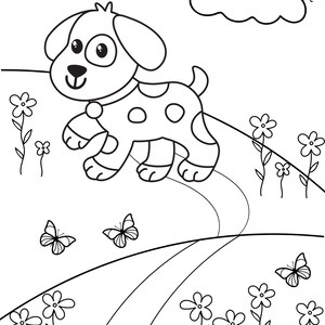 May include: A black and white line drawing of a dog with spots walking on a path with flowers and butterflies. The dog is wearing a collar and has a happy expression on its face. The sun is shining in the sky.