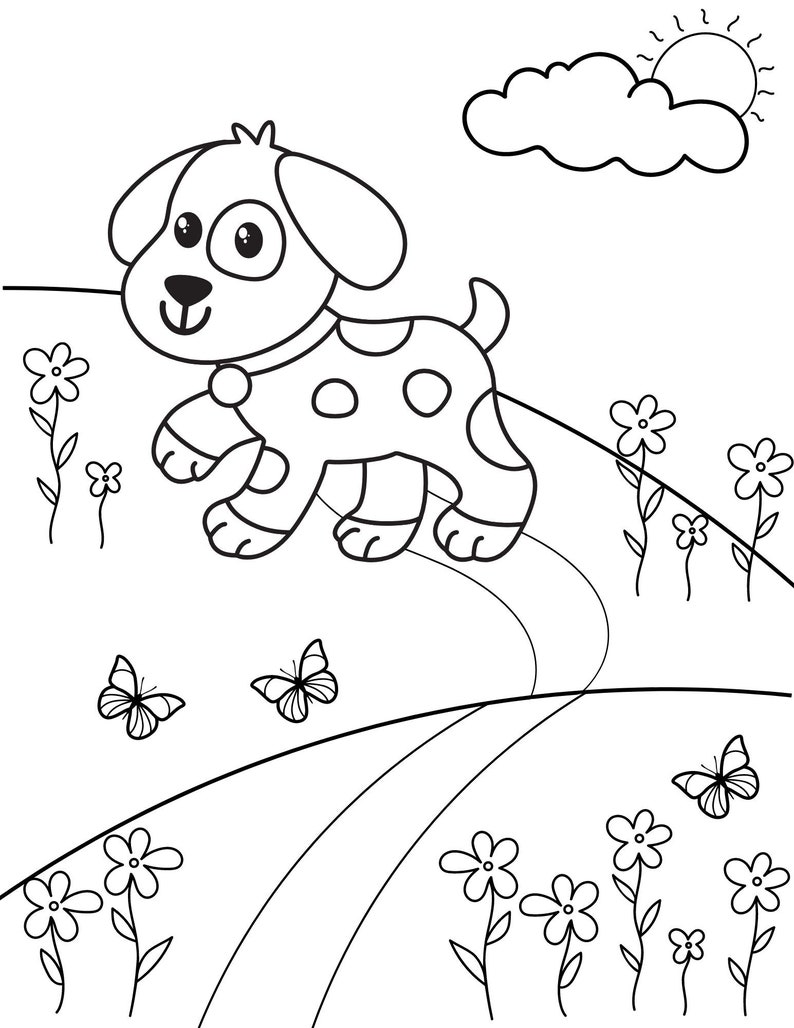 May include: A black and white line drawing of a dog with spots walking on a path with flowers and butterflies. The dog is wearing a collar and has a happy expression on its face. The sun is shining in the sky.