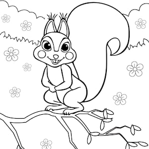 May include: A black and white line drawing of a squirrel sitting on a branch with flowers in the background.