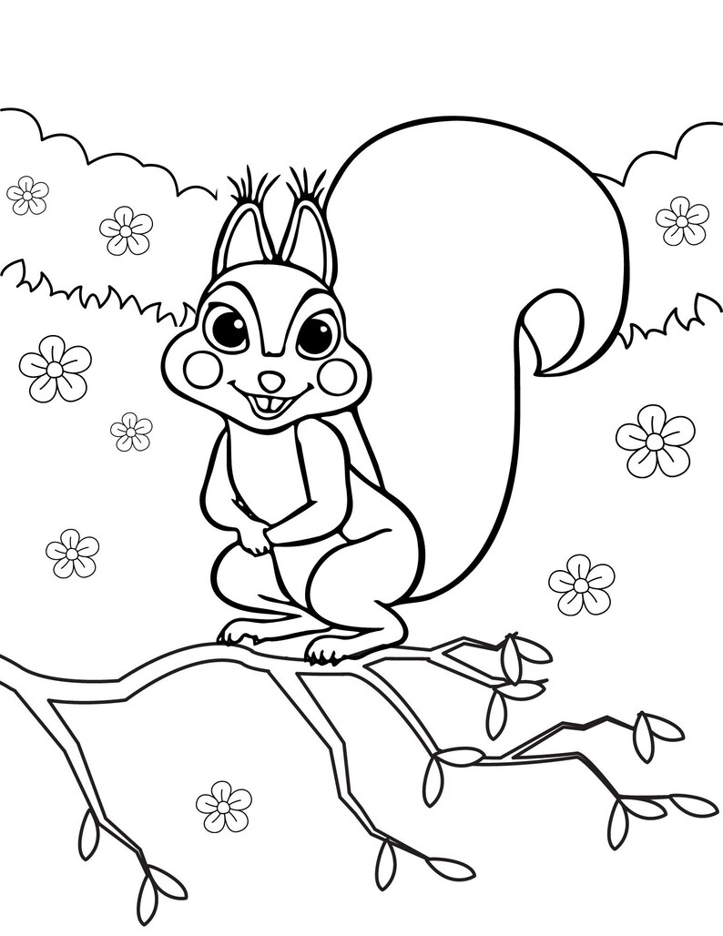May include: A black and white line drawing of a squirrel sitting on a branch with flowers in the background.