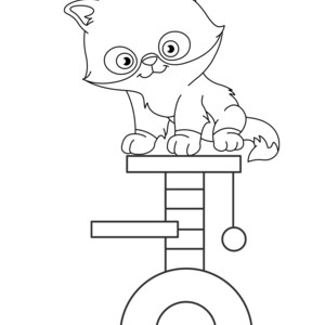 May include: A black and white illustration of a cartoon cat sitting on a cat tree. The cat has large eyes and a smiling expression. The cat tree has multiple levels, a scratching post, and a dangling ball.