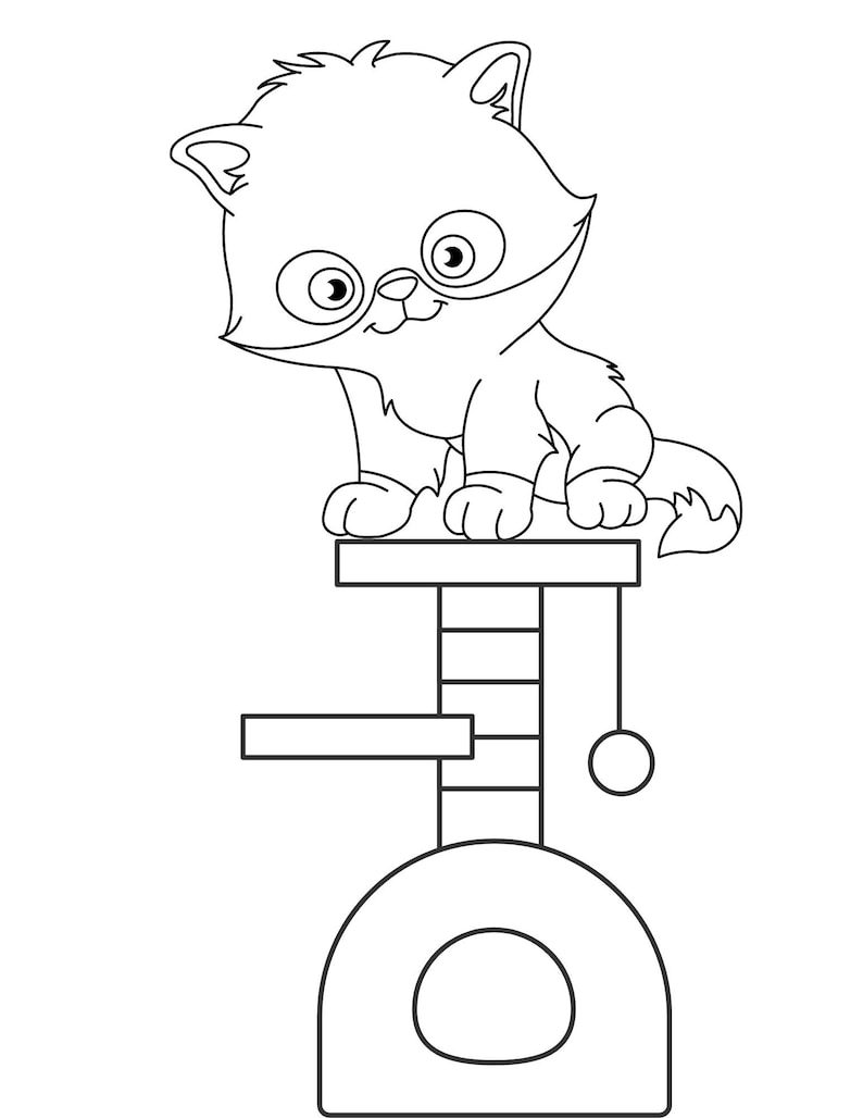 May include: A black and white illustration of a cartoon cat sitting on a cat tree. The cat has large eyes and a smiling expression. The cat tree has multiple levels, a scratching post, and a dangling ball.