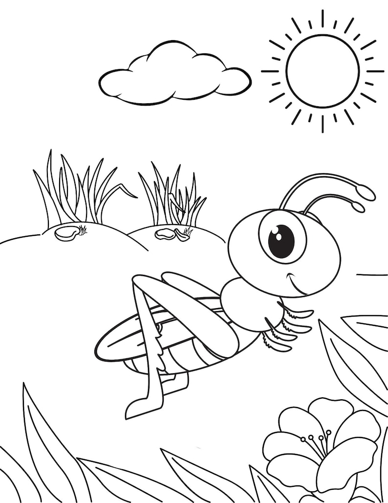 K&ouml;nnte beinhalten: Eine Schwarzwei&szlig;-Zeichnung einer Cartoon-Heuschrecke mit einem gro&szlig;en Auge, die auf einem grasbewachsenen H&uuml;gel mit einer Blume und einer Sonne im Hintergrund sitzt.