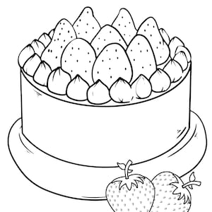 May include: A black and white line drawing of a cake decorated with strawberries. The cake is on a plate and there are two strawberries in front of it.