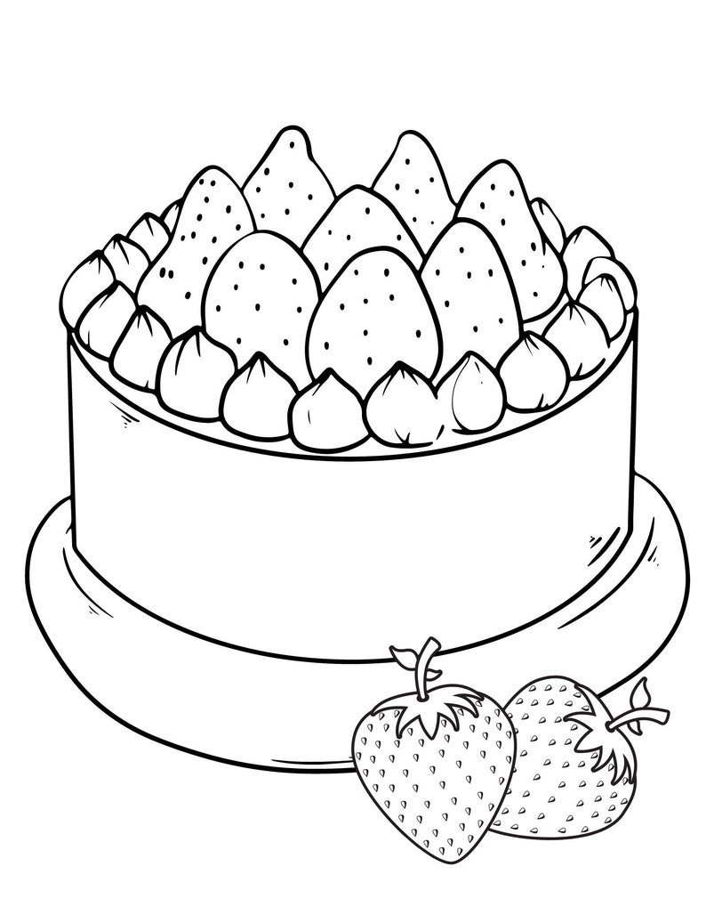 May include: A black and white line drawing of a cake decorated with strawberries. The cake is on a plate and there are two strawberries in front of it.