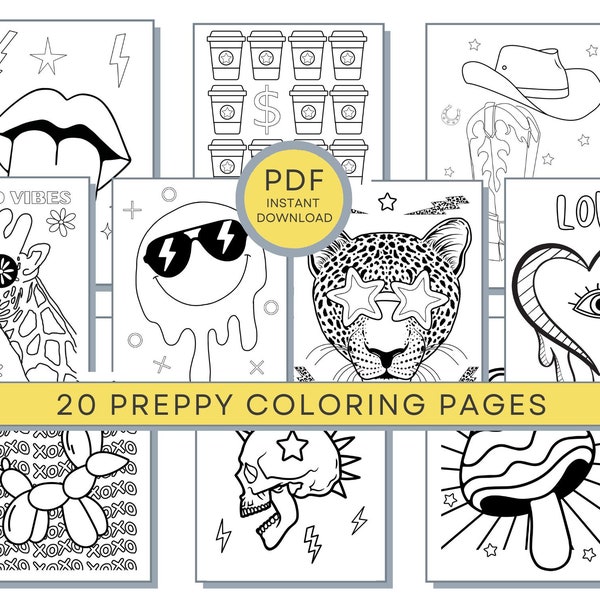 Preppy Coloring Pages, Teens Coloring Pages, Preppy Aesthetic Coloring, Teen Printables, Teen PDF Coloring, Teen Girl Coloring
