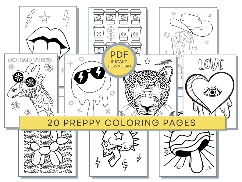 Preppy Coloring Pages, Teens Coloring Pages, Preppy Aesthetic Coloring, Teen Printables, Teen PDF Coloring, Teen Girl Coloring image 1