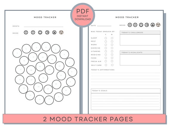 Mood Tracker Printable, Mood Chart, Mood Journal, Mood Log, Emotions Tracker, Feelings Tracker, Emotions Log, Feelings Log
