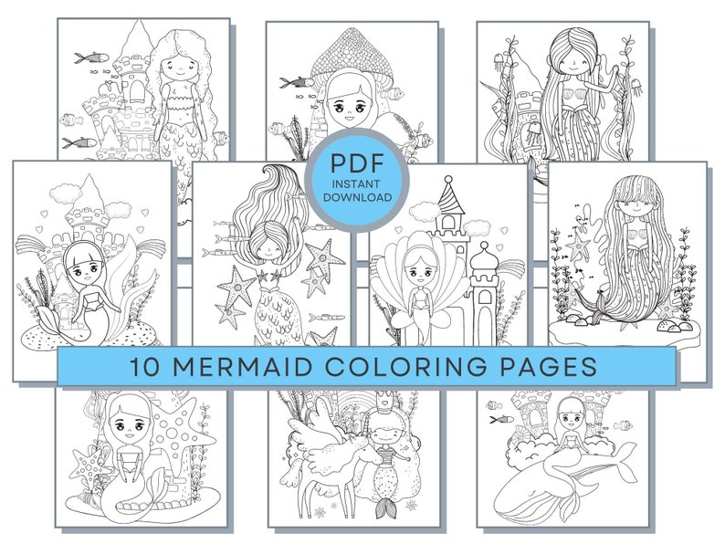 May include: Ten black and white coloring pages featuring mermaids, castles, and sea creatures.  The pages are ready to be printed and colored.