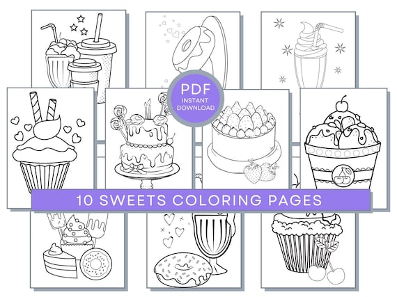 Sweets Coloring Pages For Kids, Sweets Printable, Coloring Pages of Ice Cream, Cup Cakes Coloring, Lollipops Coloring, Candy Coloring Pages