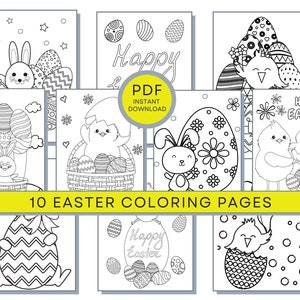 Pode incluir: Dez p&aacute;ginas para colorir de P&aacute;scoa em preto e branco com coelhos, pintinhos, ovos e flores. As p&aacute;ginas est&atilde;o prontas para serem impressas e coloridas.