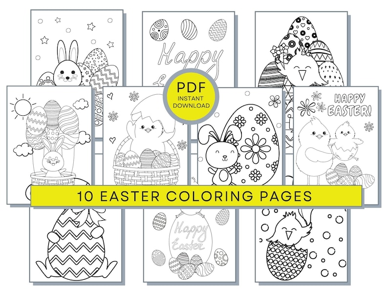 Pode incluir: Dez p&aacute;ginas para colorir de P&aacute;scoa em preto e branco com coelhos, pintinhos, ovos e flores. As p&aacute;ginas est&atilde;o prontas para serem impressas e coloridas.