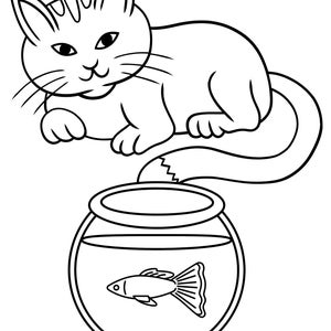 May include: Black and white illustration of a cat and a fishbowl. The cat is lying down, with its tail curled around the fishbowl. The fishbowl contains a fish.