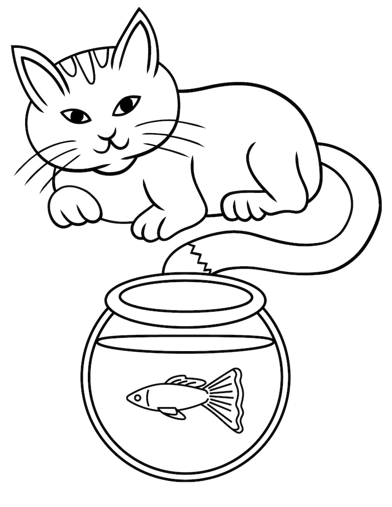 May include: Black and white illustration of a cat and a fishbowl. The cat is lying down, with its tail curled around the fishbowl. The fishbowl contains a fish.