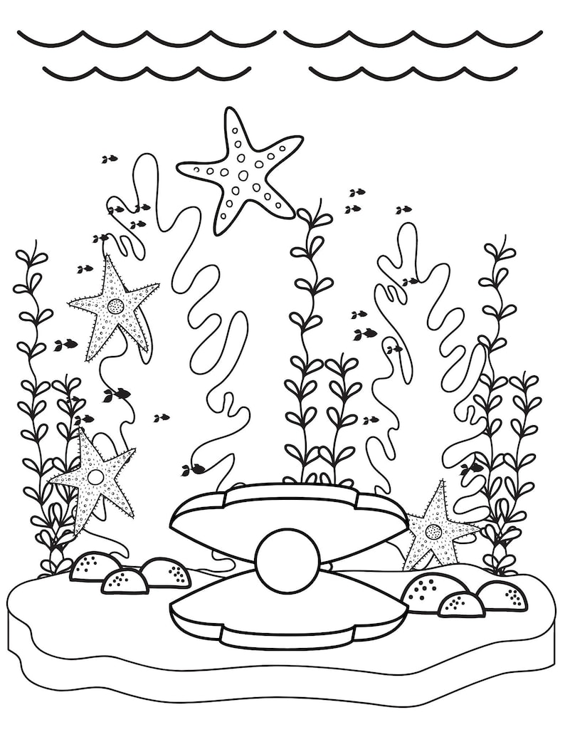 May include: A black and white line drawing of an underwater scene with a pearl in an open clam shell, starfish, seaweed, and fish.