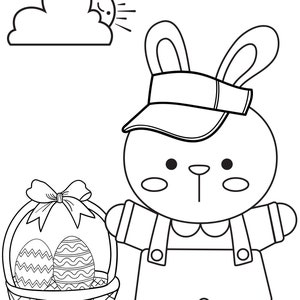 May include: A black and white line drawing of a bunny rabbit wearing a cap and overalls holding a basket of Easter eggs. The bunny is smiling and has a happy expression. The sun is shining in the background.