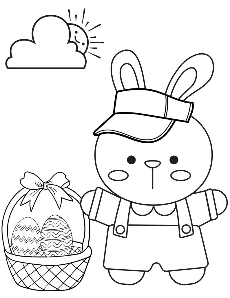 May include: A black and white line drawing of a bunny rabbit wearing a cap and overalls holding a basket of Easter eggs. The bunny is smiling and has a happy expression. The sun is shining in the background.