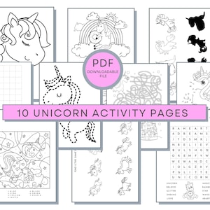 Unicorn Activity Pages, Unicorn Coloring, Mazes, Word Searches, Color By Numbers, Find the Shadow, Copy the Picture & Connect The Dots