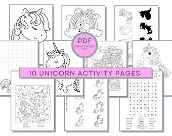 Unicorn Activity Pages, Unicorn Coloring, Mazes, Word Searches, Color By Numbers, Find the Shadow, Copy the Picture & Connect The Dots