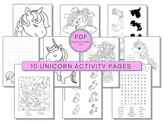 Unicorn Activity Pages, Unicorn Coloring, Mazes, Word Searches, Color By Numbers, Find the Shadow, Copy the Picture & Connect The Dots