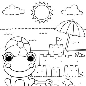 Peut inclure: Un dessin au trait noir et blanc d'une grenouille portant un ballon de plage comme chapeau. La grenouille est assise sur la plage &agrave; c&ocirc;t&eacute; d'un ch&acirc;teau de sable, d'un parasol de plage, d'une &eacute;toile de mer et d'une pelle et d'un r&acirc;teau.