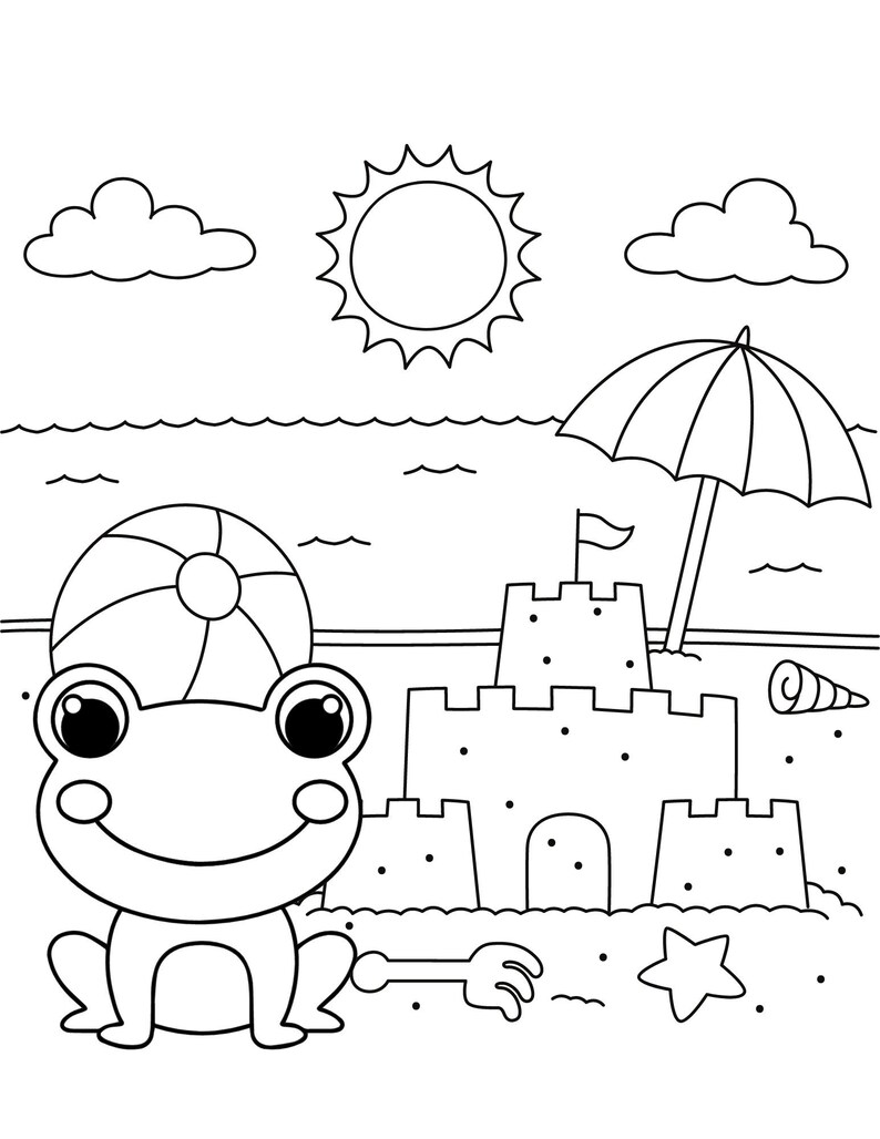 Peut inclure: Un dessin au trait noir et blanc d'une grenouille portant un ballon de plage comme chapeau. La grenouille est assise sur la plage &agrave; c&ocirc;t&eacute; d'un ch&acirc;teau de sable, d'un parasol de plage, d'une &eacute;toile de mer et d'une pelle et d'un r&acirc;teau.
