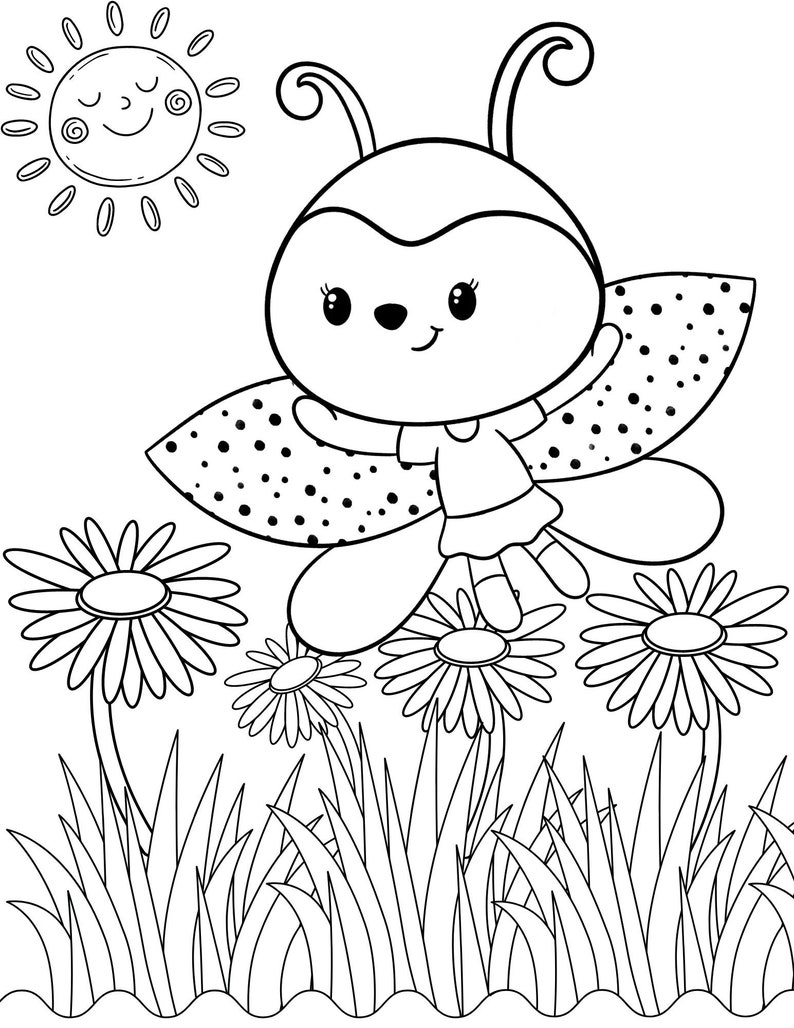May include: A black and white line drawing of a cartoon ladybug with a smiling face, flying over a field of flowers. The sun is shining in the background.