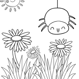 K&ouml;nnte beinhalten: Eine Schwarzwei&szlig;-Zeichnung einer Spinne, die an einem Netz &uuml;ber einem Feld mit G&auml;nsebl&uuml;mchen und Gras h&auml;ngt. Die Sonne scheint am Himmel.