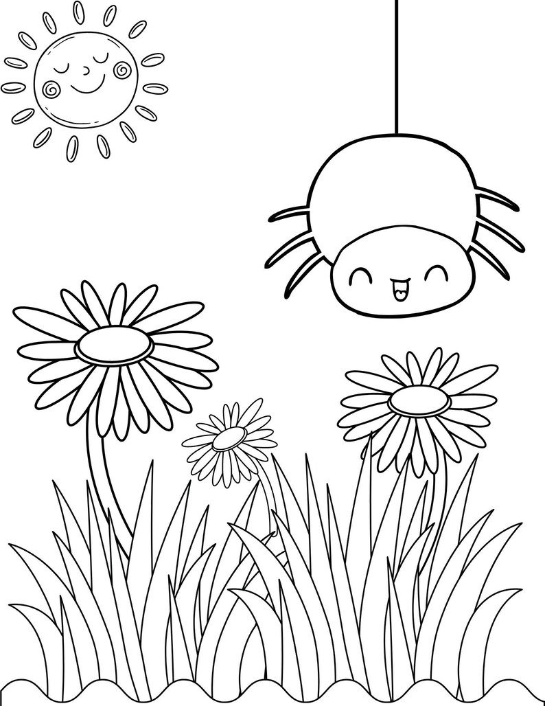 K&ouml;nnte beinhalten: Eine Schwarzwei&szlig;-Zeichnung einer Spinne, die an einem Netz &uuml;ber einem Feld mit G&auml;nsebl&uuml;mchen und Gras h&auml;ngt. Die Sonne scheint am Himmel.