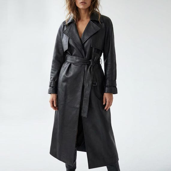 Handmade Black Sheepskin Leather Trench Coat - Belted Winter Cloak