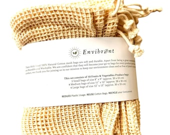 Cotton Produce Mesh Bags Set of 10, Reusable, Washable and Eco Friendly