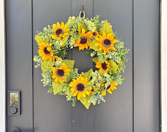 Sunflower Wreath for Summer Front Door Decor, Yellow Artificial Flowers