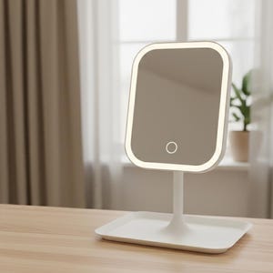 May include: A white, rectangular vanity mirror with an integrated LED light and a touch-sensitive power button. The mirror is mounted on a white stand with a rectangular base. The mirror is on a light brown wooden surface.