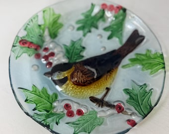 Vintage Chickadee Art Glass Plate. Tii Collections