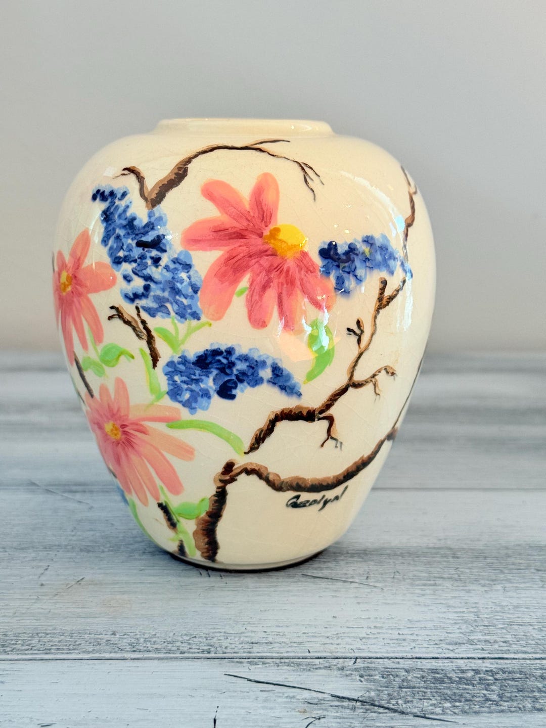 Hand Painted Ceramic Vase With Floral Design - Etsy
