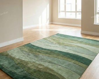 Modern Green Abstract Wool Rug, Hand Tufted Area Rug, Contemporary Wave Pattern Carpet, Minimal Living Room Rug, Custom Size Rug