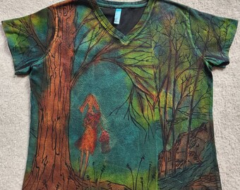 A walk in the forest, young girl holds a red heart, bucket of tulips, waterfall, boulders woman's XL t-shirt, discharged, printed and dyed